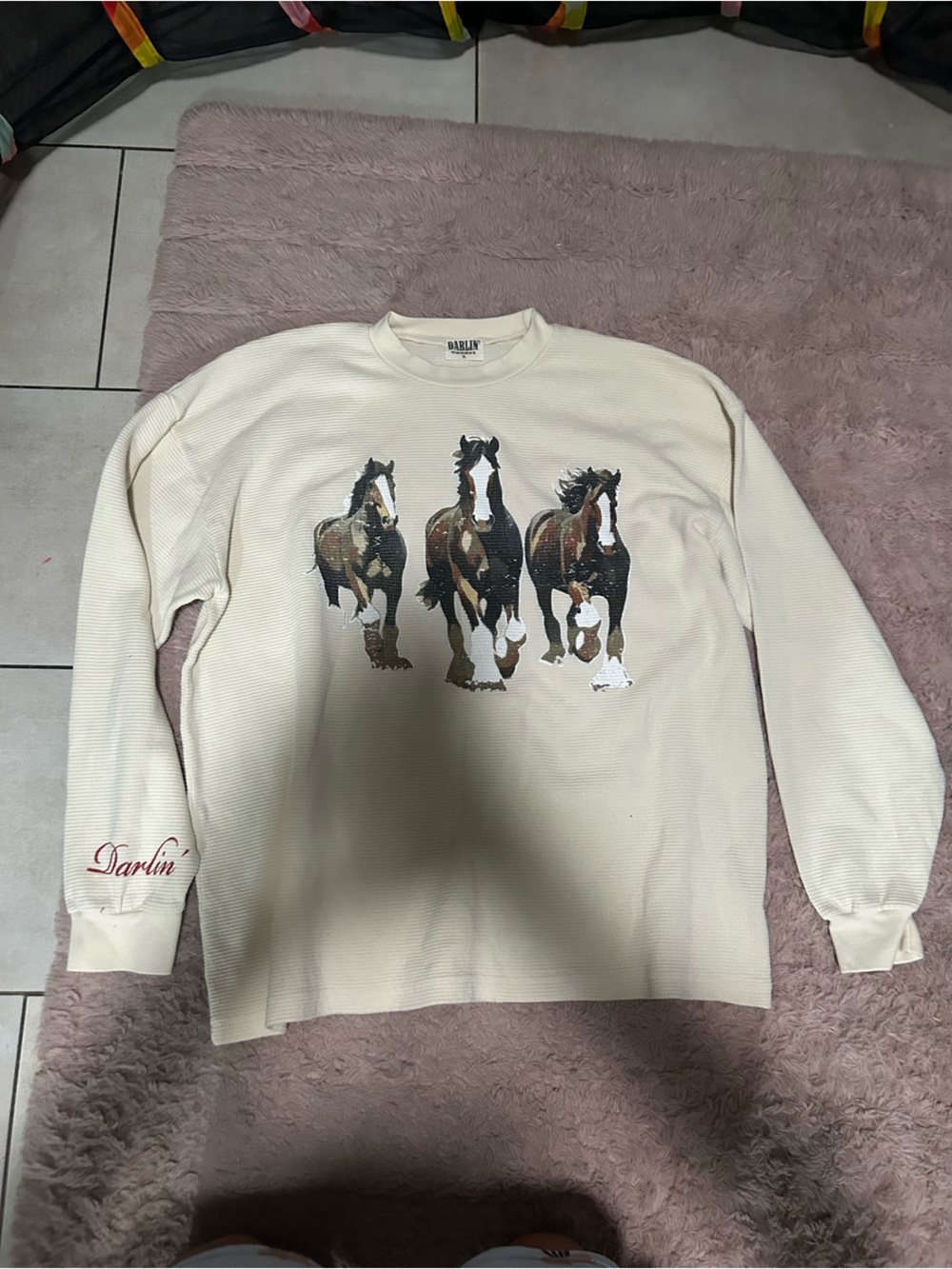 Darling Cream Long-Sleeve Tee with Horse Trio Print